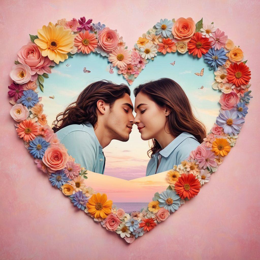 A heart-shaped collage depicting the journey of young romance, featuring elements like love letters, blossoming flowers, and tender moments between diverse couples at different ages. Include a dreamy background with soft pastel colors and whimsical hearts floating around. Emphasize emotional depth and connection. vibrant colors. digital art.