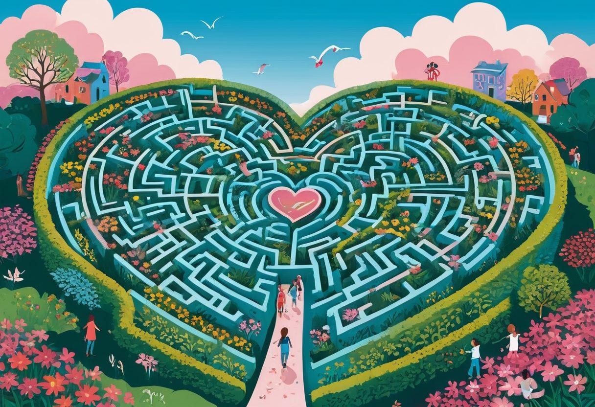 A whimsical illustration capturing a diverse group of teenagers navigating through a colorful maze shaped like a heart, filled with symbols of romance like flowers, hearts, and love letters. Include a banner with 'Essential Dating Tips' at the entrance of the maze. Surround the scene with dreamy pastel colors and a bright blue sky. Envision an environment full of joy and excitement. vector art. vibrant colors.