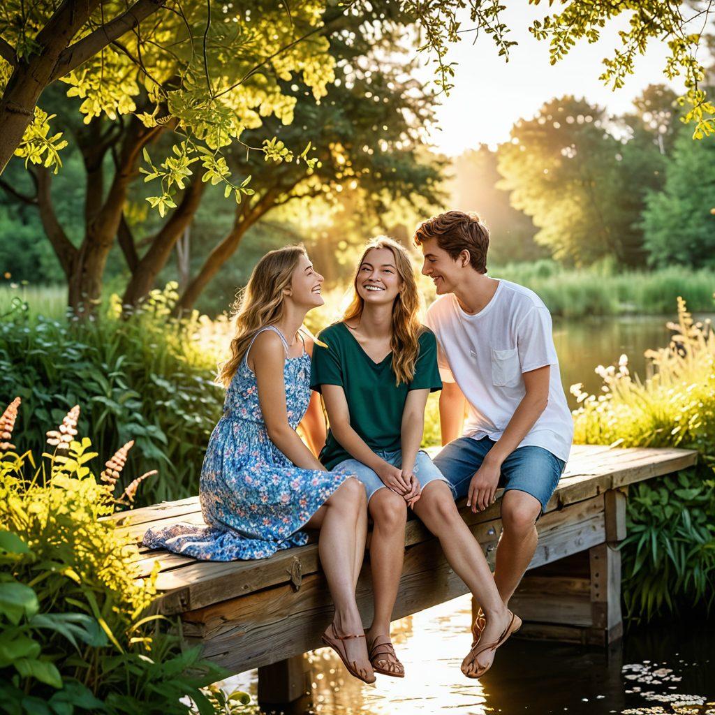 A warm, inviting scene of two teenagers sitting together on a bridge, laughing and sharing secrets, surrounded by lush green trees and blooming flowers, symbolizing connection and romance. The sun sets in the background, casting a golden glow over the scene, evoking a sense of hope and love. Include subtle elements like heart shapes in the leaves and whimsical butterflies fluttering around. super-realistic. vibrant colors. warm tones.
